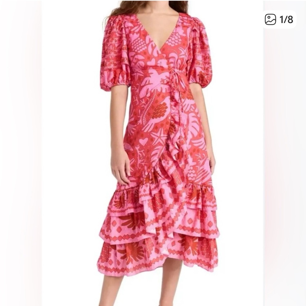 FARM Rio Pink and Red Ruffled Wrap Midi Dress